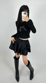 (SUPER CUTE/BUILT-IN SHORTS/ELASTIC WAIST♥) 2 COLORS ベルベットカンカンフレアストレッチミニスカート
