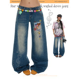 BETWEENAND Summer Star Polka Dot Patchwork Retro Slim-Fit Washed Blue Jeans