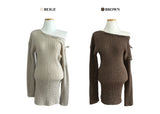 MEU One Off-Shoulder Ribbon Ribbed Knit Dress