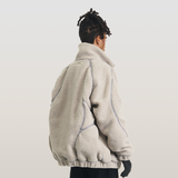 RELABEL 23AW ダブルレイヤーラインデコンストラクトファブリックパッチワークフェイクラムズウールダウンジャケット