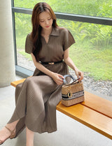 Karon Zipper Collar Pleated Maxi One Piece