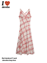 Red checkered V-neck sleeveless long dress
