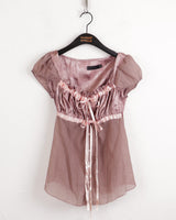 Chash jacquard satin see-through shirring ribbon cap sleeve blouse