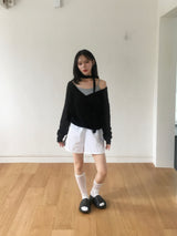 Wrap loose fit shirring hooded knit (4c)