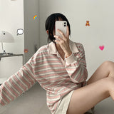 Color matching open collar stripe loose fit rugby long sleeve tee 