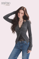 Roy Black Halter Lace Twist Long Sleeve T-shirt