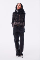 FLOCKED LIGHT HAND-BRUSHED FADED DISTRESSED COLOR-TOOTH ZIPPER HEM STRAIGHT-LEG JEANS