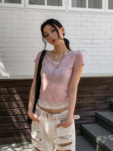 シースルーレイヤードボタンキャップスリーブショートスリーブ