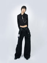 Crop Double Collar Shirts (Black)