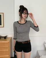 ナウ カラー マッチング ストライプ スリー クォーター Tシャツ