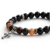 SVB-1003 Natural Stone Striped Agate Cross Onyx Bead Men's Bracelet