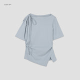 (T-7049)アシンメトリーネックストリングTシャツ