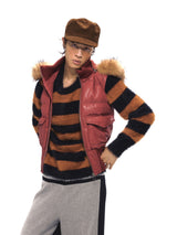 NyDkyel™ Vintage red padded waistcoat with removable fur collar