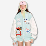 Preppy Accent Mint Cartoon Embroidered Varsity Jacket