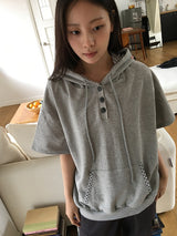 ハカンジチェックカラーボタンフード半袖Tシャツ