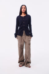 GARMENT-DYED DISTRESSED BELT LOOP POCKET CROSS PLEAT COLOR-TOOTH ZIPPER DRAWSTRING CARGO PANTS