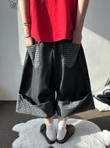 Check Roll-Up Detail Raw Denim Bermuda Shorts 2color