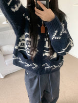 Winter Village House Pattern Knit Zip-Up Cardigan (2 colors)
