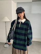 キヤン襟付きボーダーオーバー長袖Tシャツ