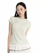 CONFUN Embroidered Silver Thread Patterned Split Design Semi-transparent Linen Fabric Tight-Fitting Hooded Short-Sleeved T-Shirt