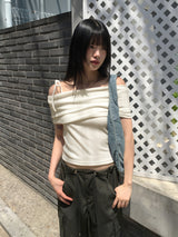 Sirom リボンストラップリブドオフショルダー半袖Tシャツ