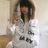 Beepon lettering loose fit fur hooded zip-up
