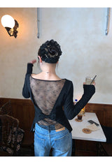 ブラックバッグシースルーパッドボウロングスリーブTシャツ