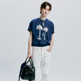 パームツリー＆アイレットチェーンニードルワークTシャツ　ネイビー