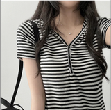 Ruzyn spandex stripe snap short sleeve hoodie