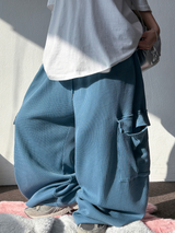 KOREAN 🧇 WAFFLE PUNCHING 🧇 LOOSE HIP CARGO BALLOON WIDE LONG PANTS 🩵🍓🩶 - 3 COLORS