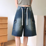 Kelu Vintage Washing Strap Cargo Denim Bermuda Half-Length Pants