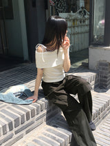 Sirom リボンストラップリブドオフショルダー半袖Tシャツ