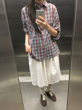 [unisex] カラニルチェックロールアップ半袖シャツ
