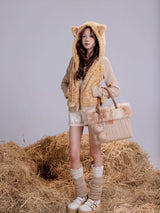 Rose Island warm orange tabby fur patchwork knitted slim-fit hooded jacket, cute and unique original design