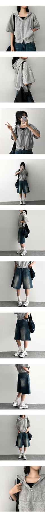 Demo two-way short-sleeved hooded zip-up