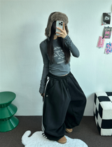 SHEEP FLEECE 🐑🧸 SNAP TRACK 3 LINE PARACHUTE LONG WIDE PANTS 🩶🖤 2COLOR