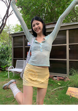 ミントグリーンボタンシースルー長袖Tシャツ