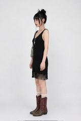 FRINGE-HEM KNIT V-NECK DRESS IN BLACK
