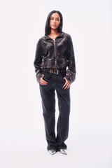 FLOCKED LIGHT HAND-BRUSHED FADED DISTRESSED COLOR-TOOTH ZIPPER HEM STRAIGHT-LEG JEANS