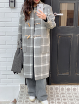 [SHOPPERMADE] アッシュグレーチェックウールロングダッフルコート