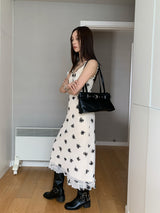 Beige Black Flower Long Dress