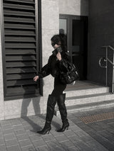 high neck cropped leather jacket