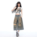 Grunge Vintage Distressed Wide-Leg Cropped Jeans
