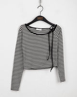 Seble one-shoulder unbalance strap striped long-sleeved T-shirt