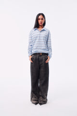 SIGNATURE LOGO SILHOUETTE TOTEM LIGHT BLUE STRIPE CROSS BUTTON POLO LONG SLEEVE