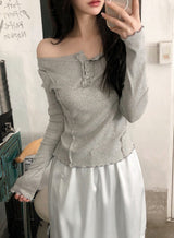 Off Shoulder Half Button Slim T-shirt (3color)