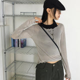 Nowell heart cutting see-through tencel wave u-neck long sleeve t-shirt