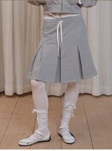 rirri Charcoal Heavyweight 100% Cotton Bow-Detailed Hoodie Set (Zippered Hooded Sweatshirt + Pleated Skirt)