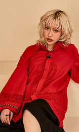Lace color combination linen shirts Red