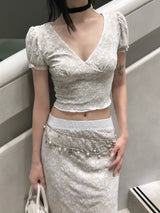French Garden Lace Deep V-neck Puff Sleeve TOP & MIDI SKIRT SET 